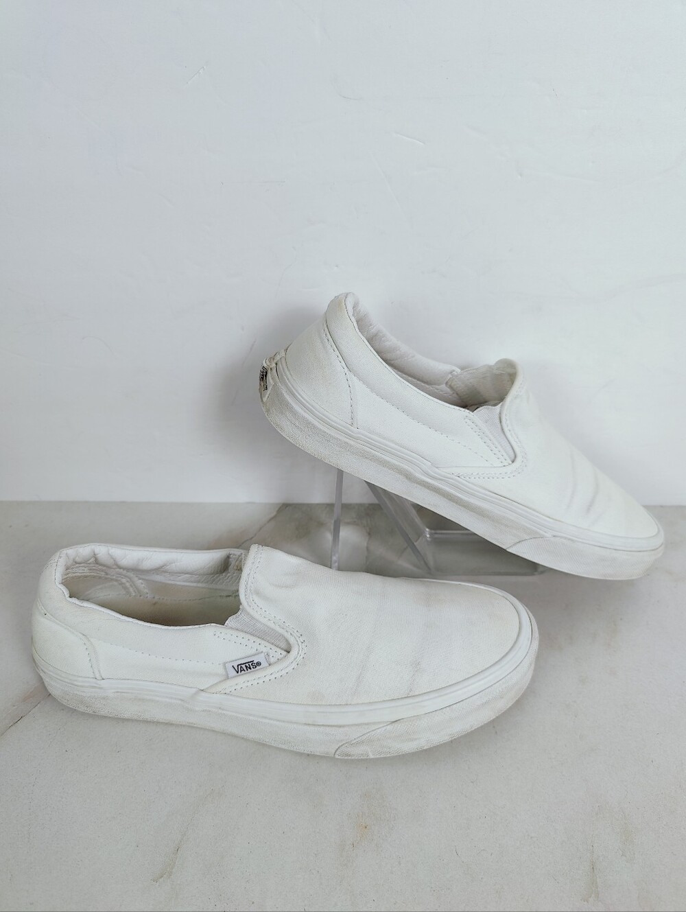 Vans Classic Slip On White Canvas Sneakers, 7.5(M) 9(W)